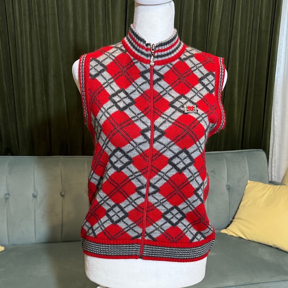 Sona Rupa Red and Gray Argyle Zip-Up Sweater Vest
